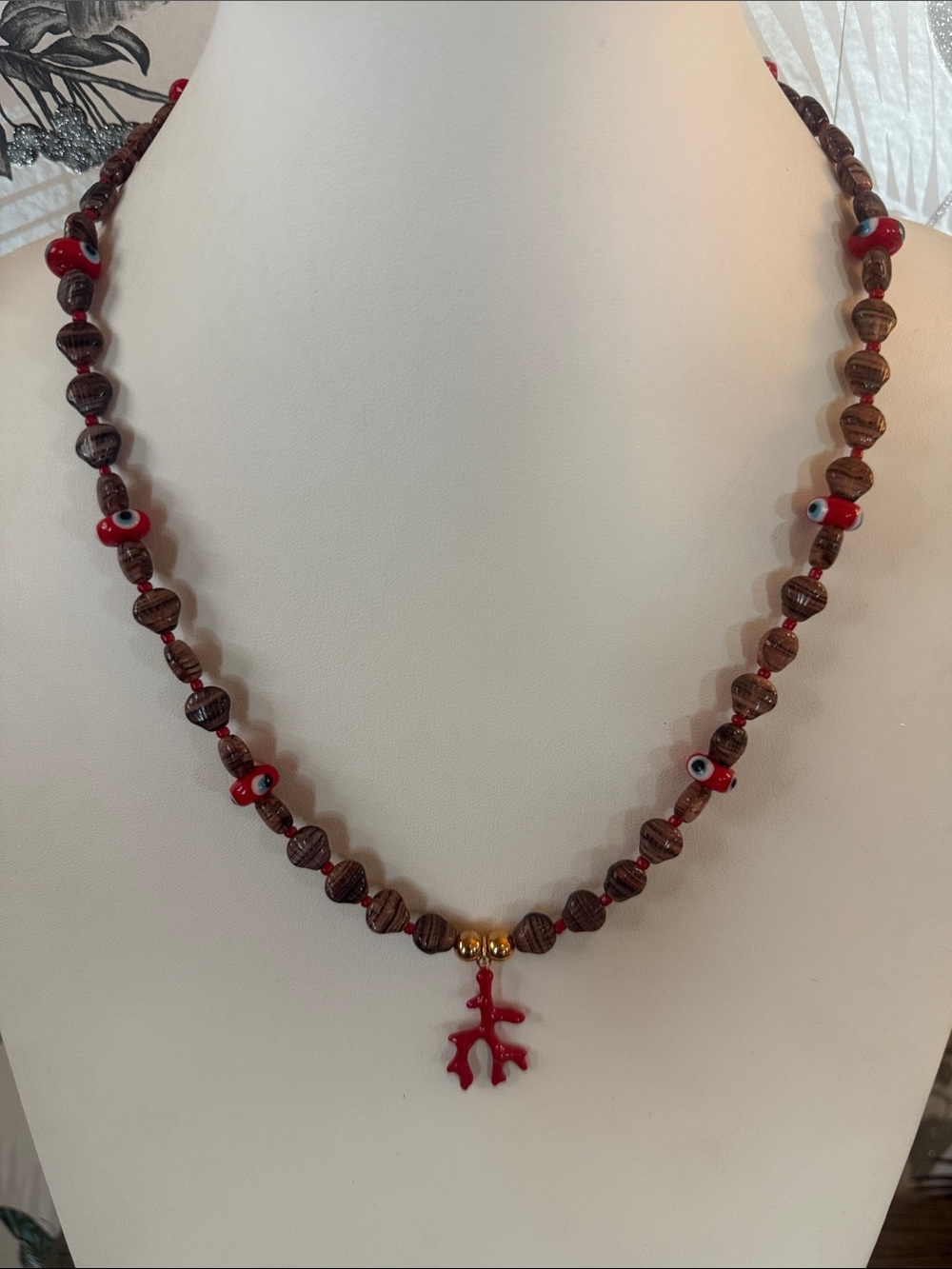 Audrey Limoges Collection Red Coral Charm Wooden Bead Necklace